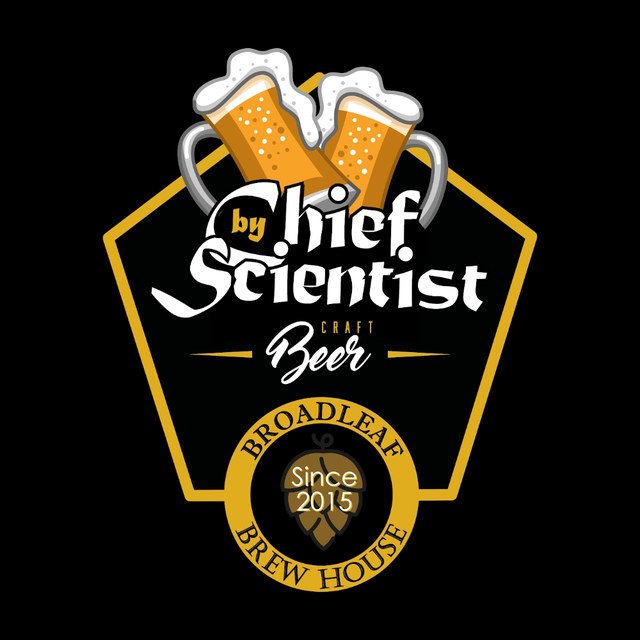 Chief Scientist Craft Beer logo, Broadleaf Brew House, since 2015: two foaming beer mugs above a gold pentagon badge