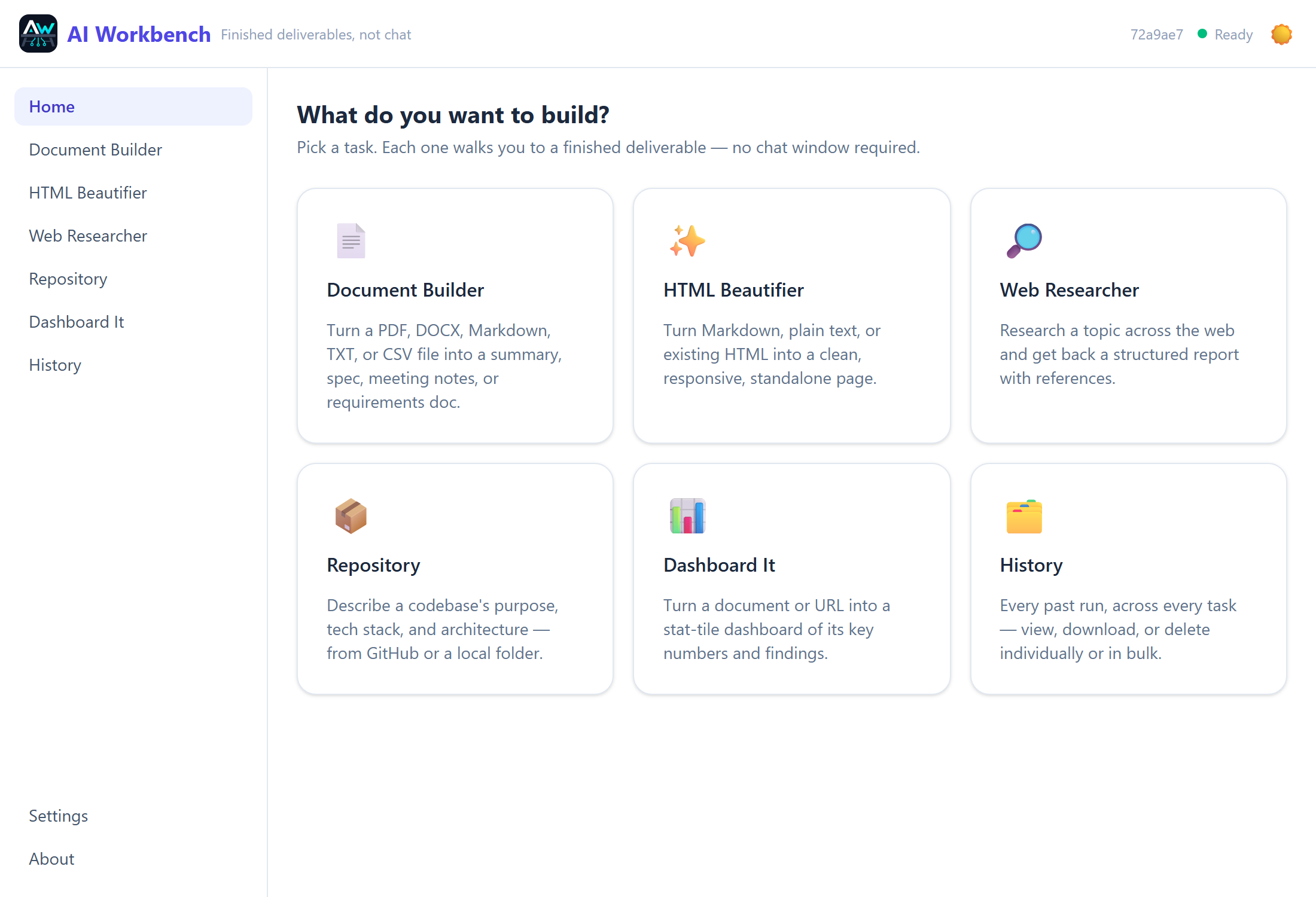 AI Workbench task picker: Document Builder, HTML Beautifier, Web Researcher and more