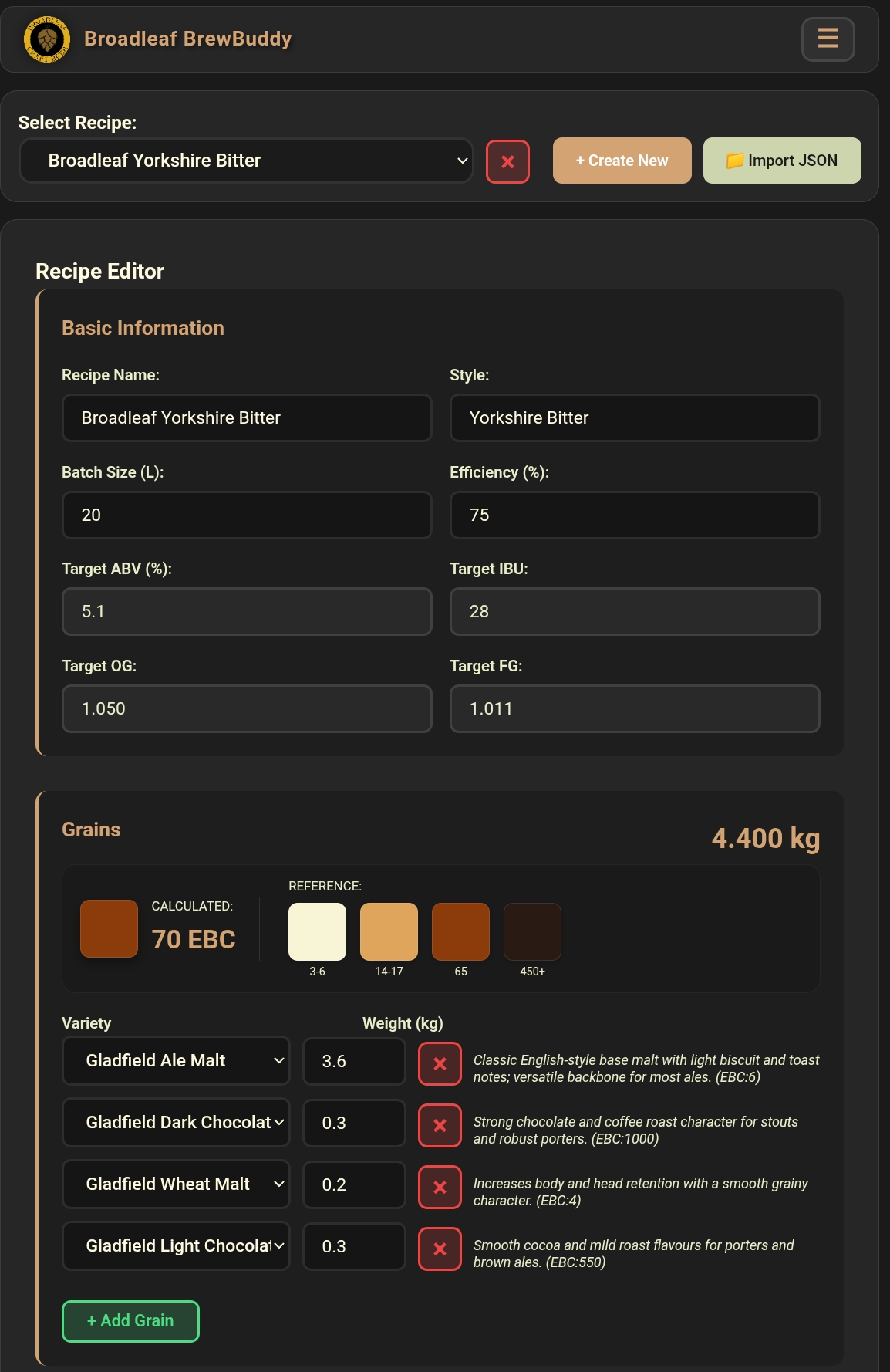 BrewBuddy recipe editor with grain bill and live EBC calculation