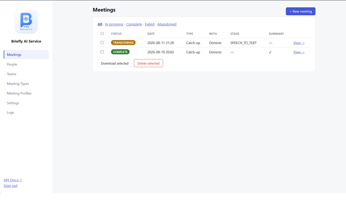 Briefly web dashboard listing recent meetings and their transcription status