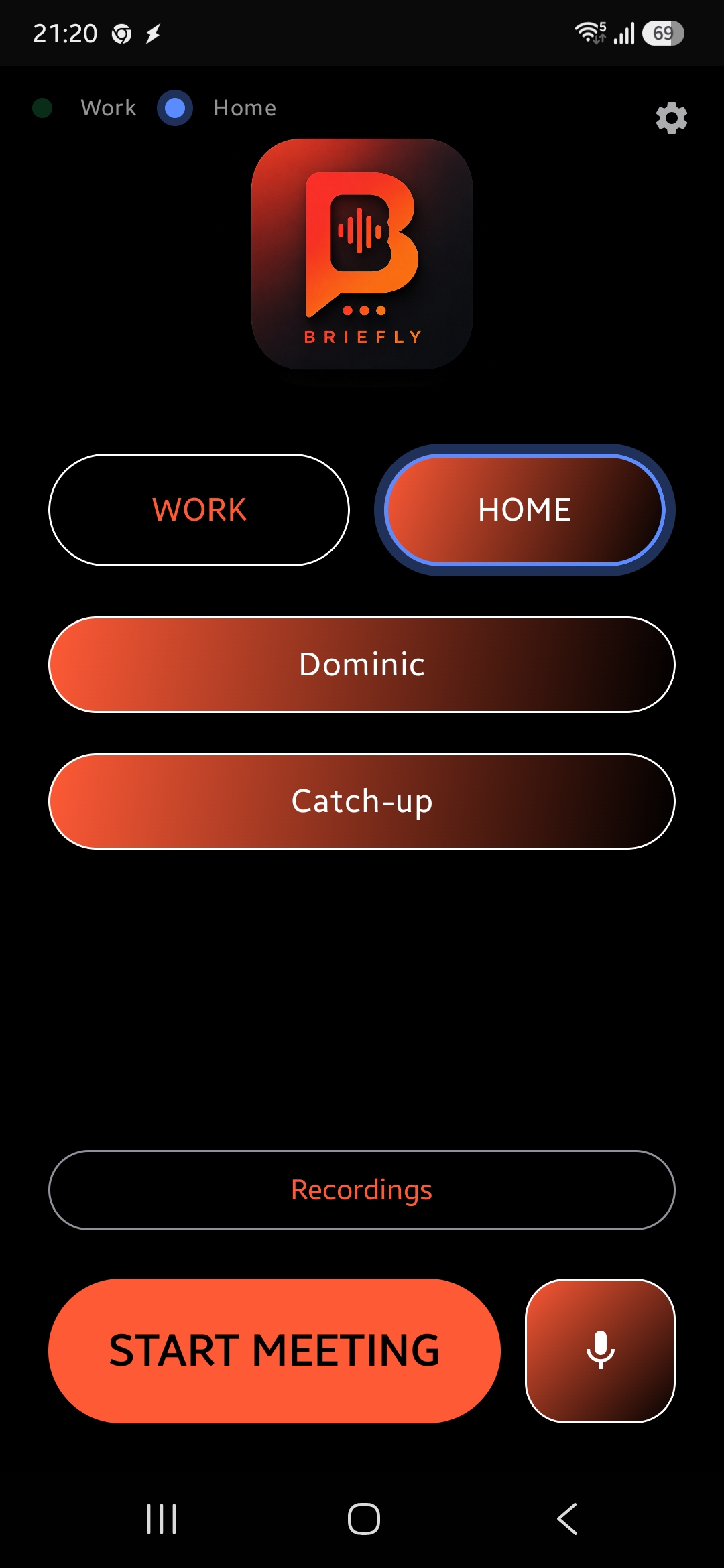 Briefly Android appliance home screen with Work/Home profiles and Start Meeting button