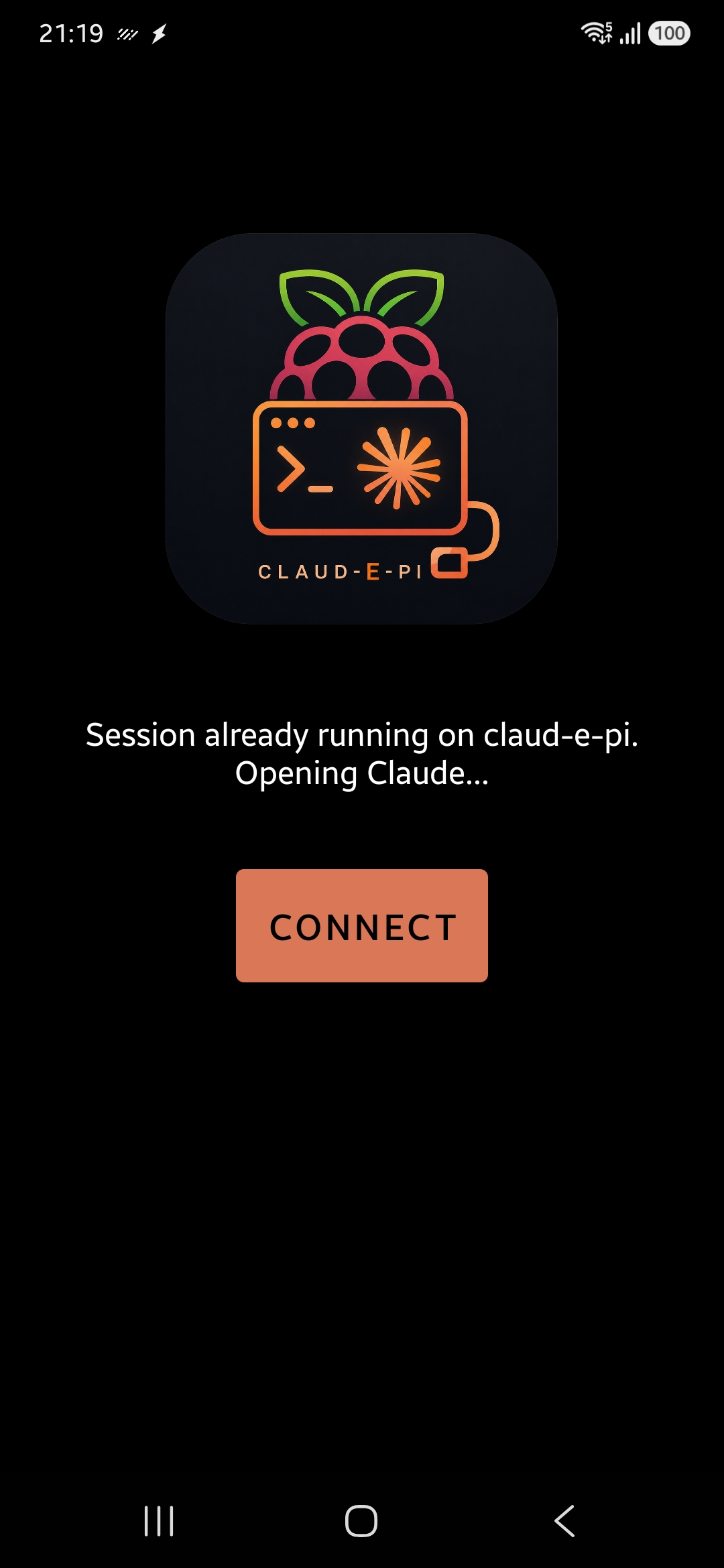 Claud-e-Pi Connect Android app reconnecting to an already-running Claude Code session on the Pi
