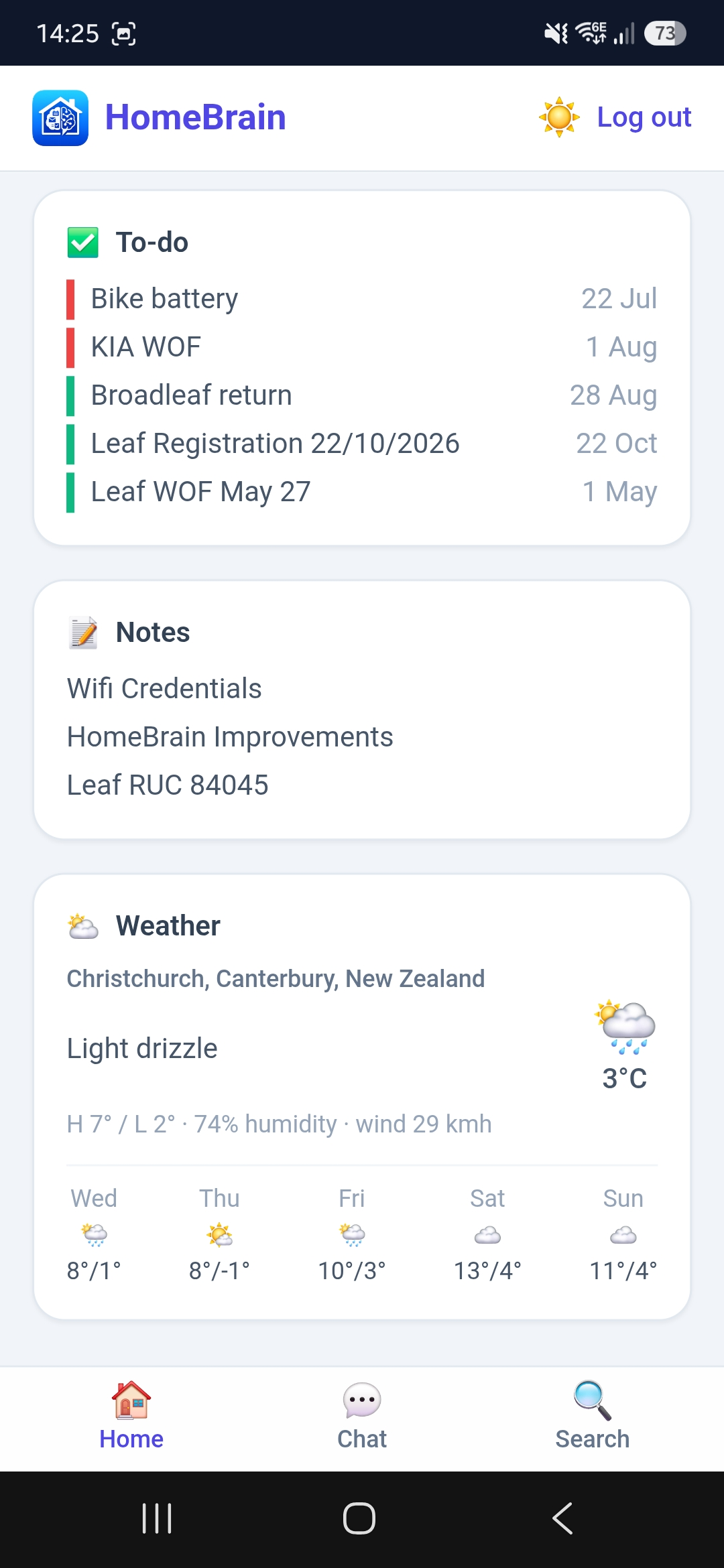 HomeBrain chat screen, ready for a question
