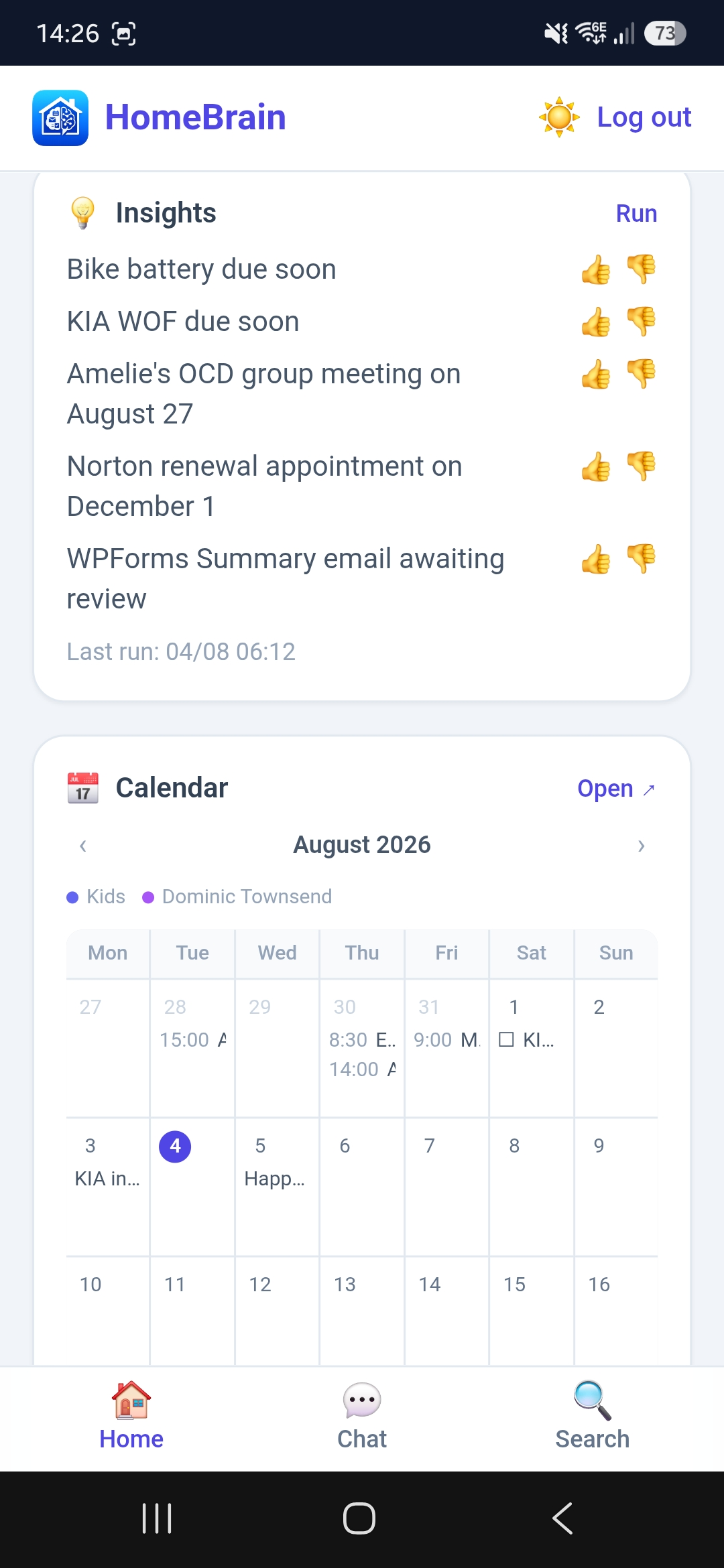 HomeBrain dashboard with Insights, To-do, Calendar and Notes cards