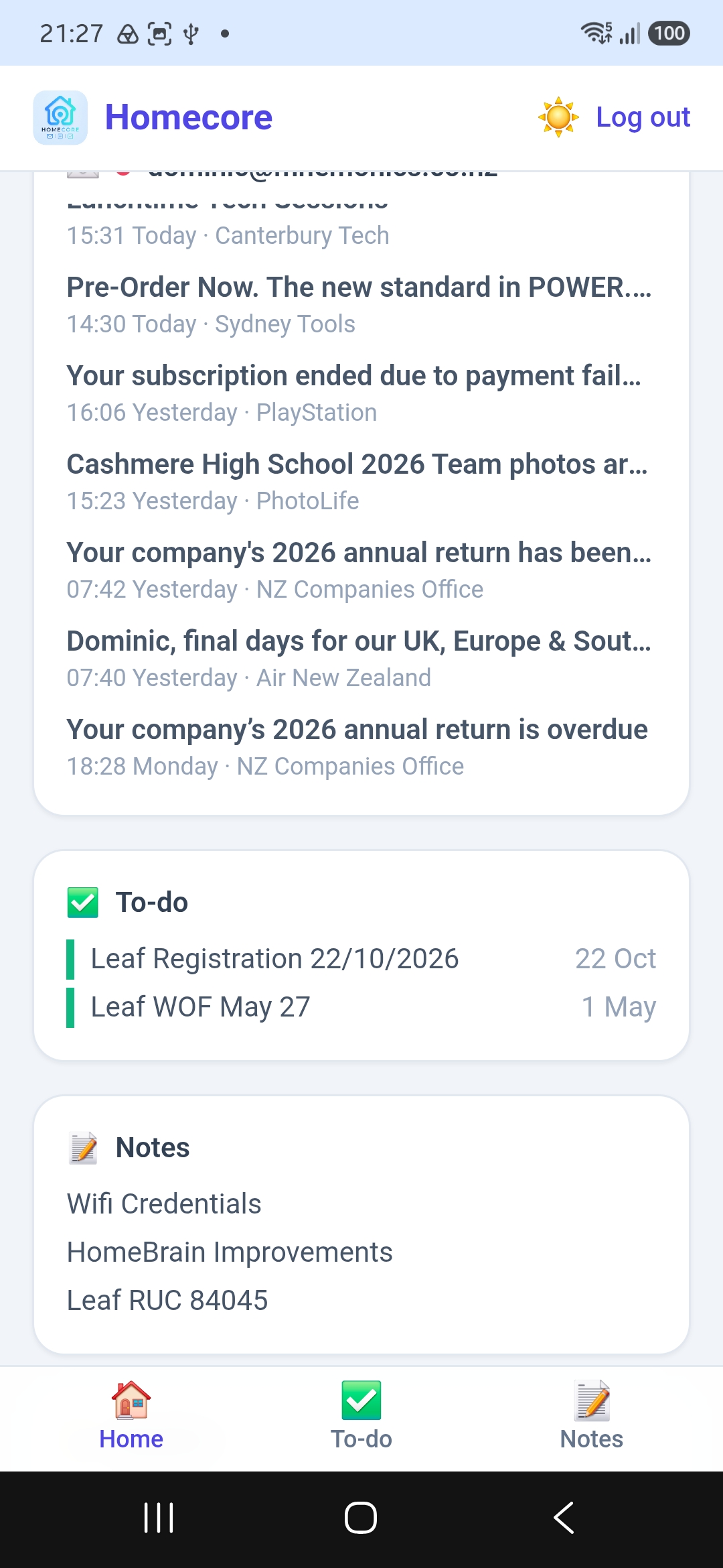 Homecore dashboard showing inbox, to-do list and notes
