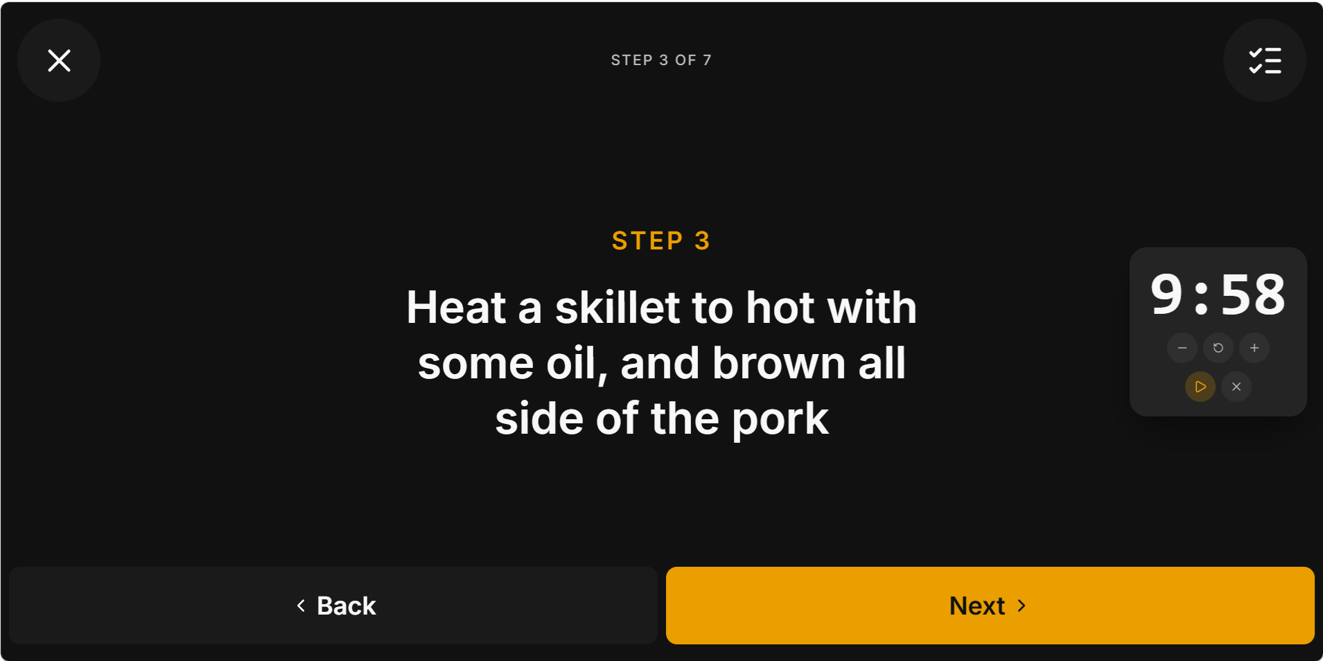 Kitchen-Pi Cooking Mode showing a single large step with a countdown timer