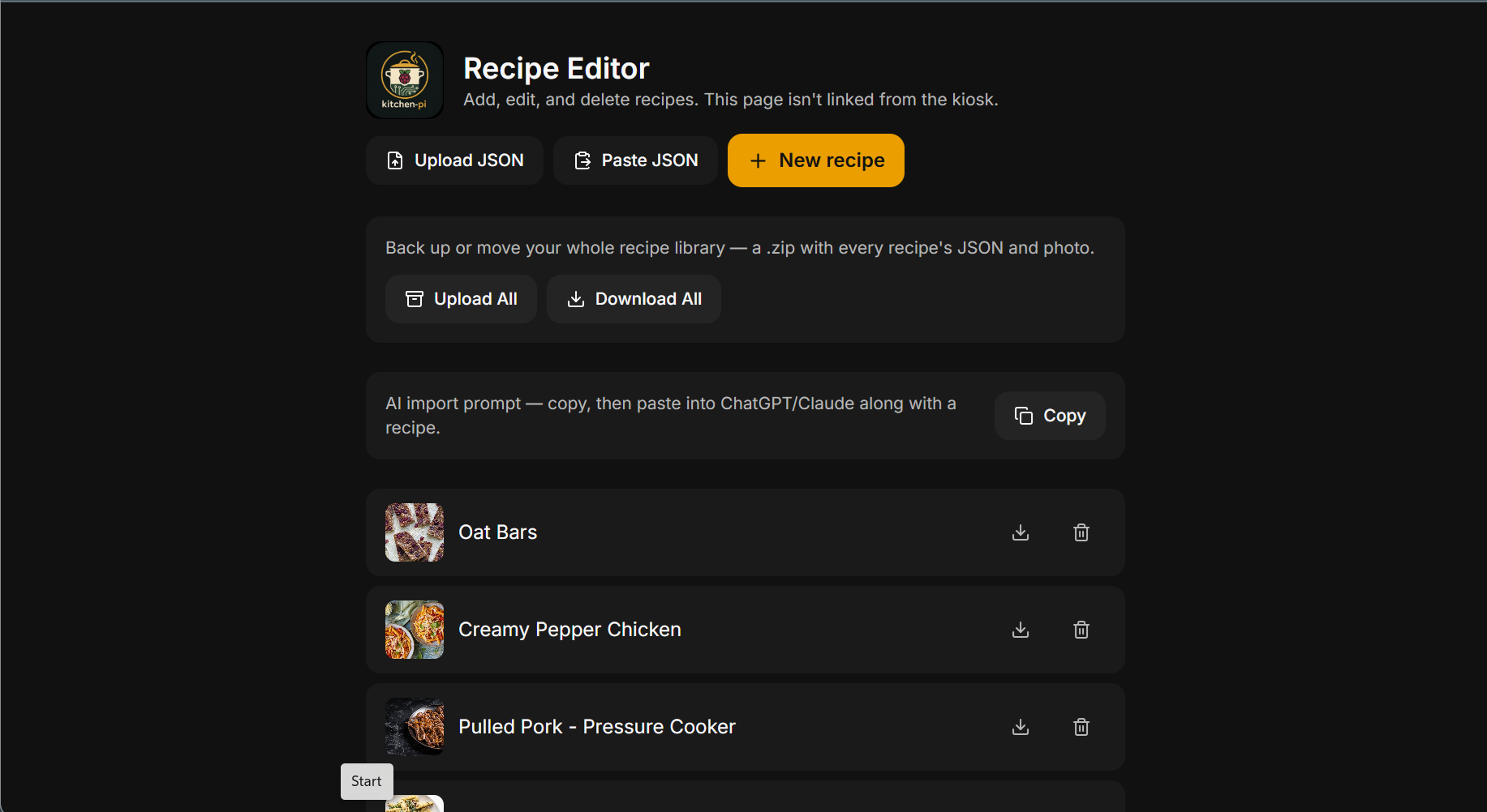 Kitchen-Pi Recipe Editor listing recipes with upload, download and AI import options