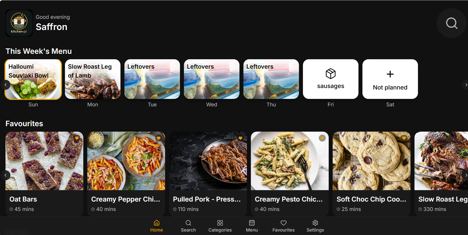 Kitchen-Pi home screen with This Week's Menu and Favourites