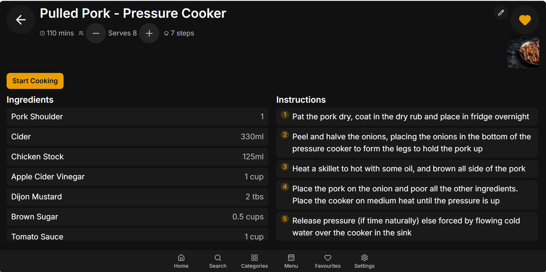 Kitchen-Pi recipe detail screen with ingredients and instructions