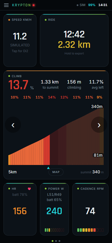 Krypton live ride dashboard with speed, timer and sensor widgets