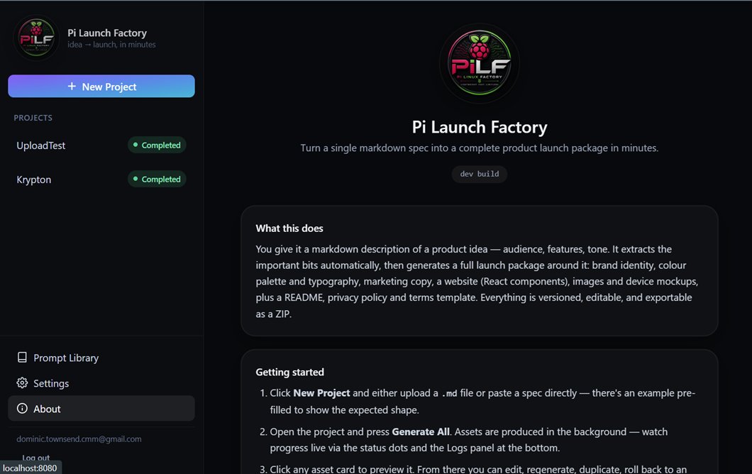 Pi Launch Factory landing page explaining the markdown-spec-to-launch-package workflow