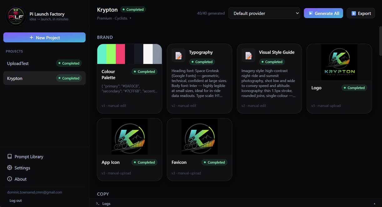Pi Launch Factory project dashboard showing generated brand, colour palette, typography and logo assets