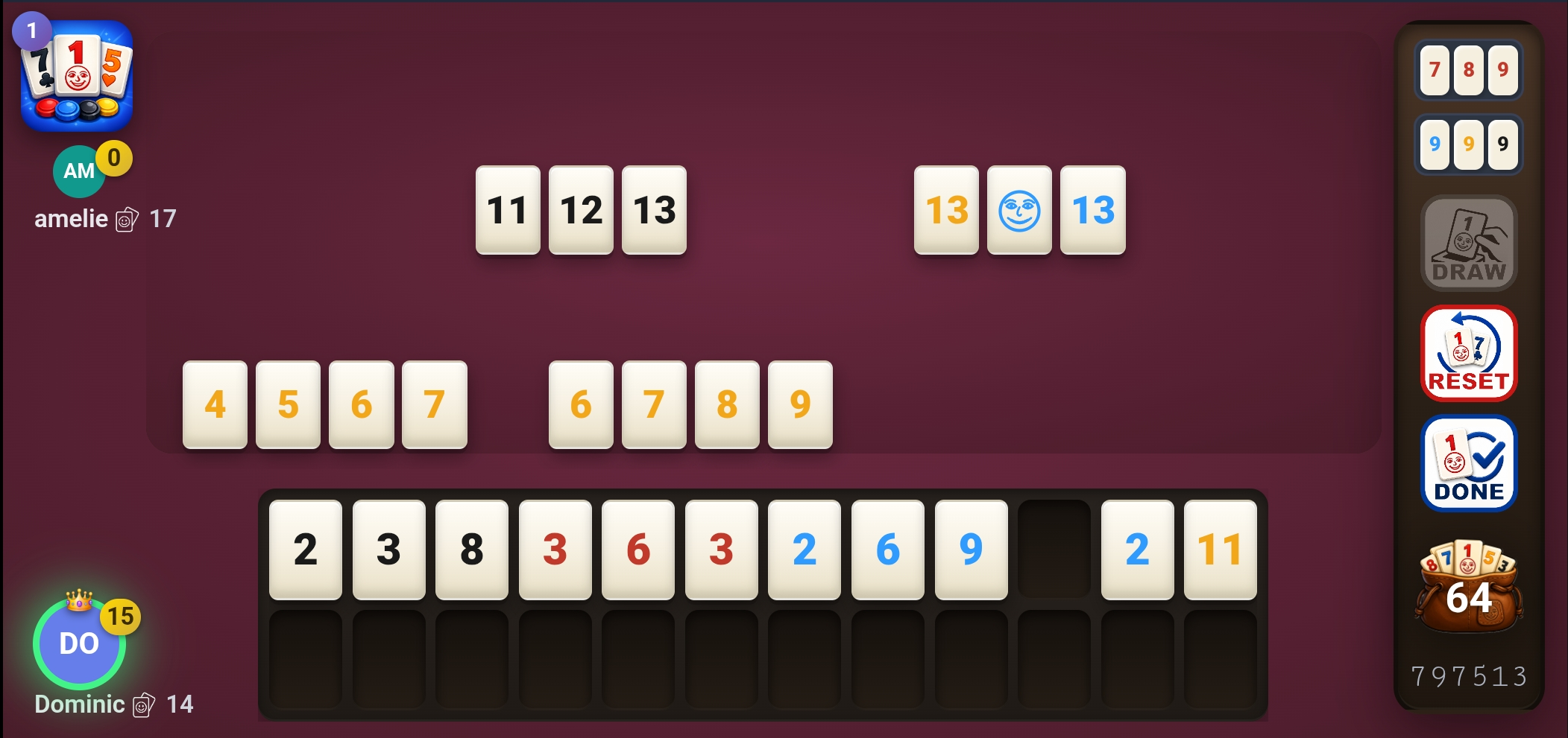 A Rummikub game in progress, showing the board and rack