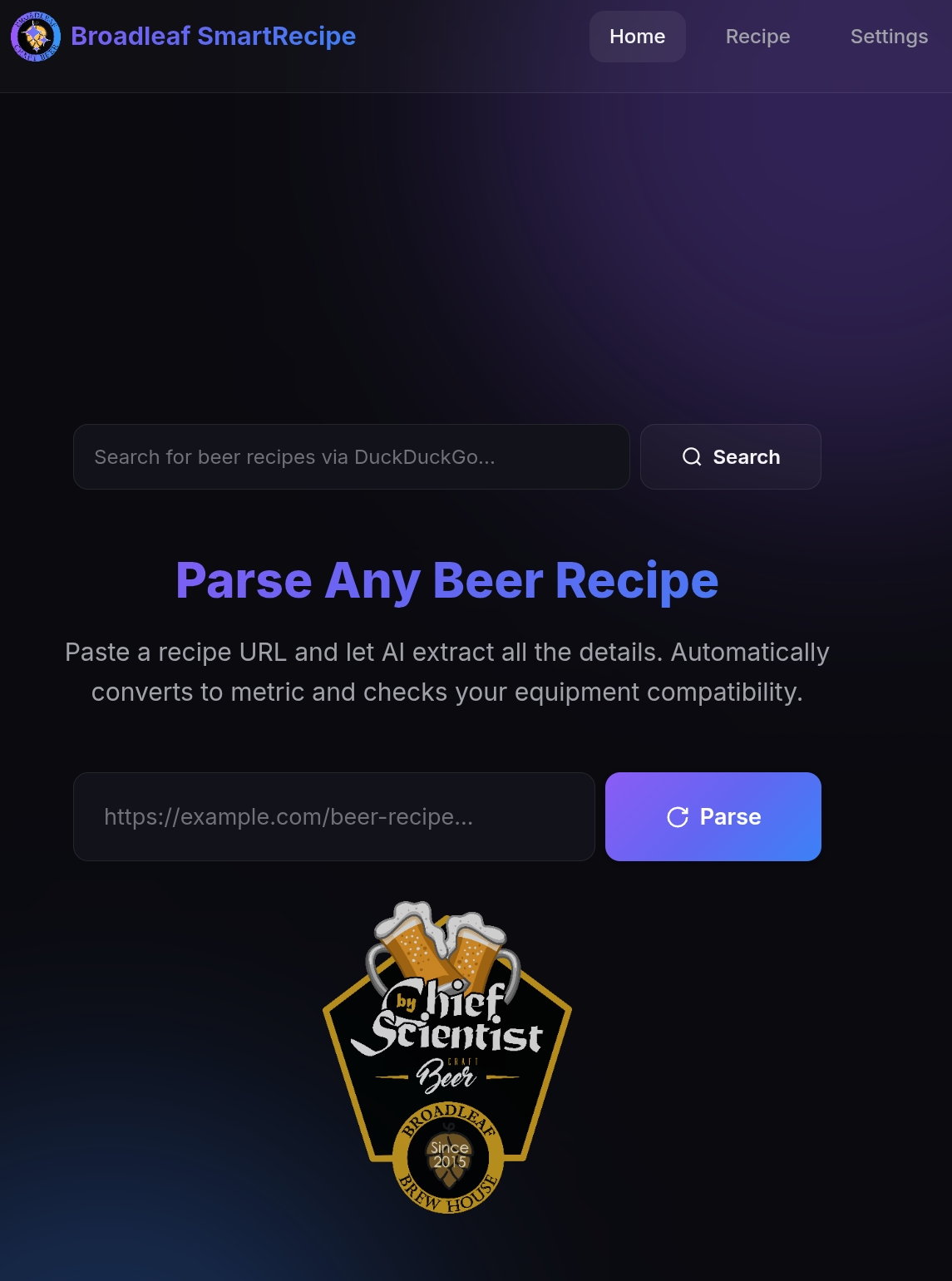SmartRecipe home screen for parsing a beer recipe URL