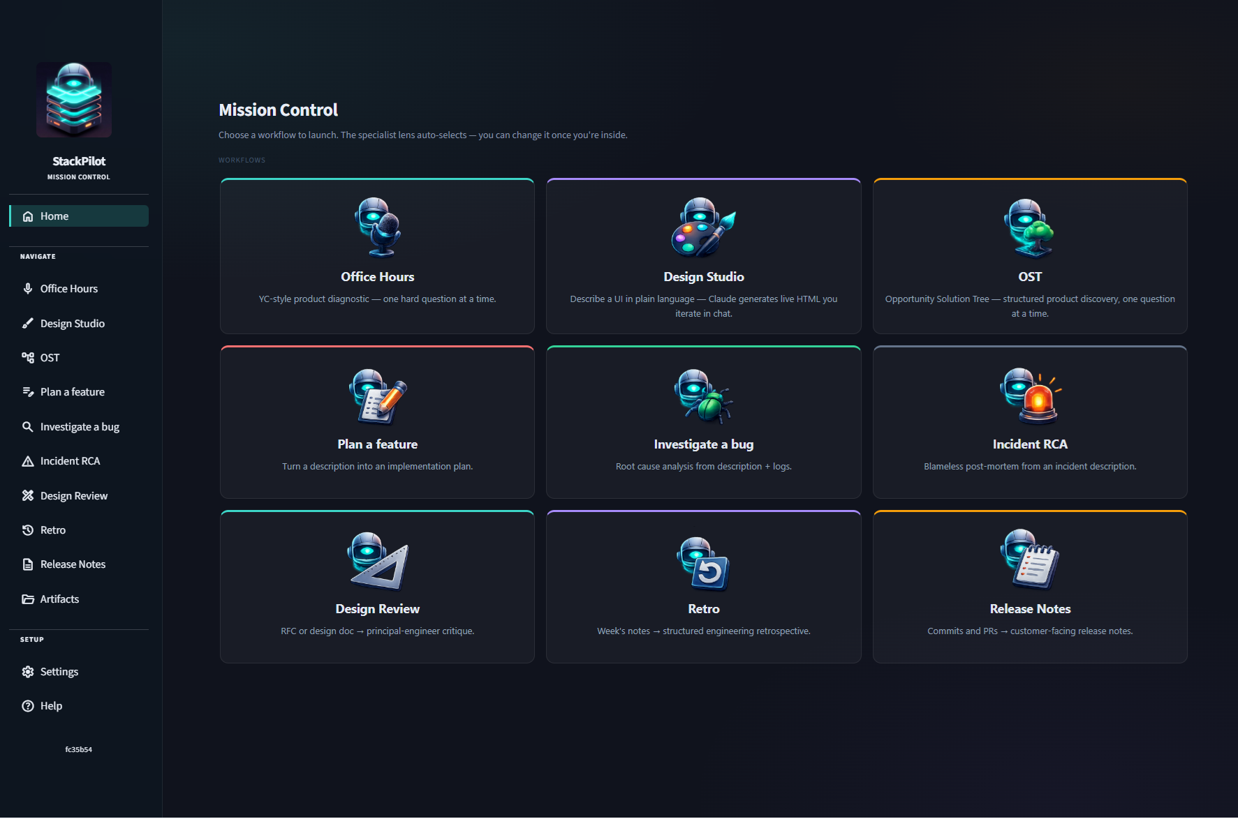 StackPilot's Mission Control workflow tile grid